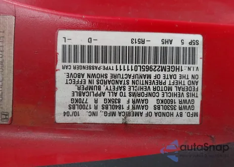 2005 Honda Civic Ex from USA, damaged, VIN 1HGEM22965L011111